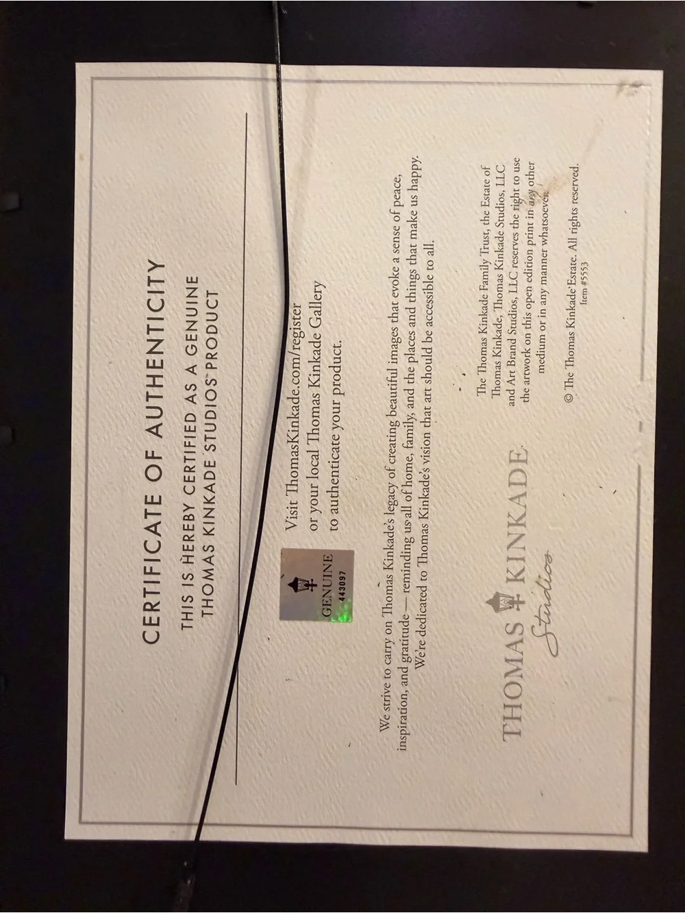 Certificate of Authenticity Document